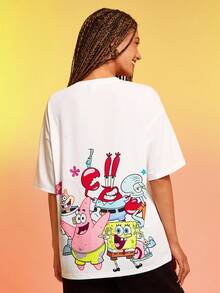 SpongeBob SquarePants | SHEIN Women's Cartoon Pattern White Crew Neck Short Sleeve T-Shirt - White - View 1