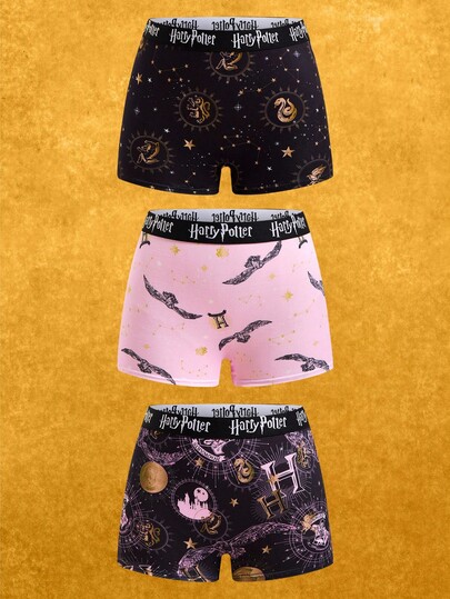 HARRY POTTER X SHEIN Pantis tipo short cómodos y suaves con estampado de letras en toda la prenda para mujer