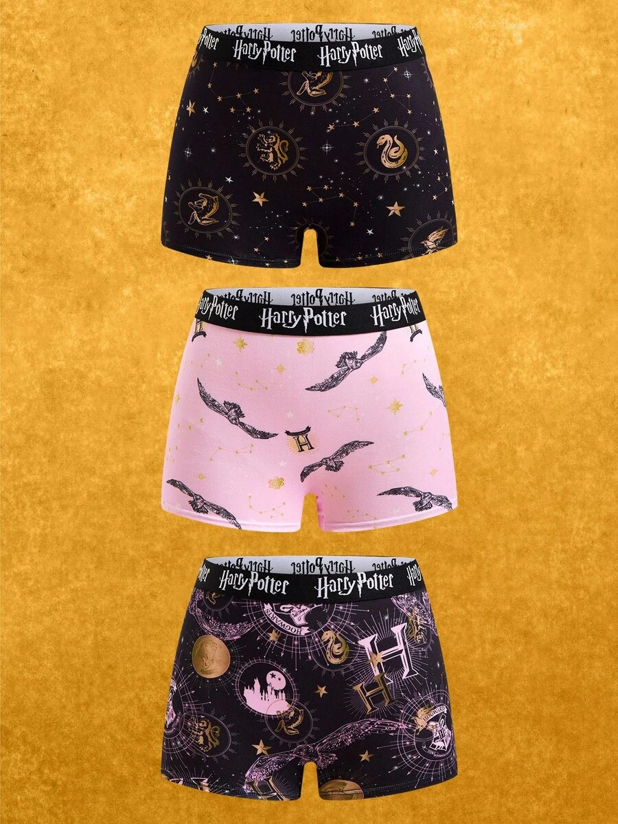 HARRY POTTER X SHEIN 3pcs Women's Black & Pink Gothic Halloween Boyshorts, Comfy & Sofy & Silky Elastice Waist Intimates Panties, Women's Lingeries & Underwear Women Boxers Set