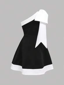 Pitira 少女黑白撞色露肩大蝴蝶结装饰派对礼服，伴娘礼服，优雅正式晚宴婚礼宾客礼服，适合毕业典礼、晚宴、春节、圣诞节、万圣节、秋冬季单肩连衣裙，女童黑白吊带派对礼服 - 黑與白 - 查看 2