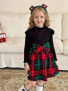 LMoss Kids LMoss Young Girl Knitted Round Neck Ruffle Hem Plaid Casual Dress,Girls Autumn Princess Birthday Christmas French Style Long Sleeve Patchwork Dress - Multicolor - View 4
