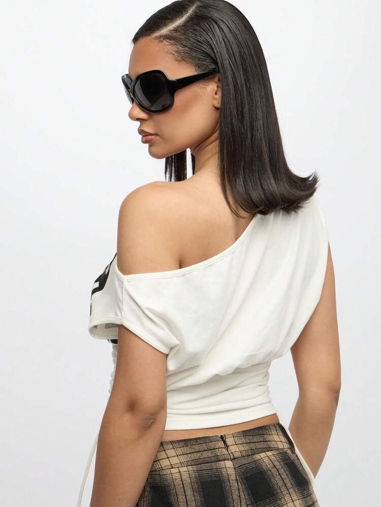 Cotton Plus Size Off Shoulder Slogan Print Top With Side Tie Detail Cropped Fit