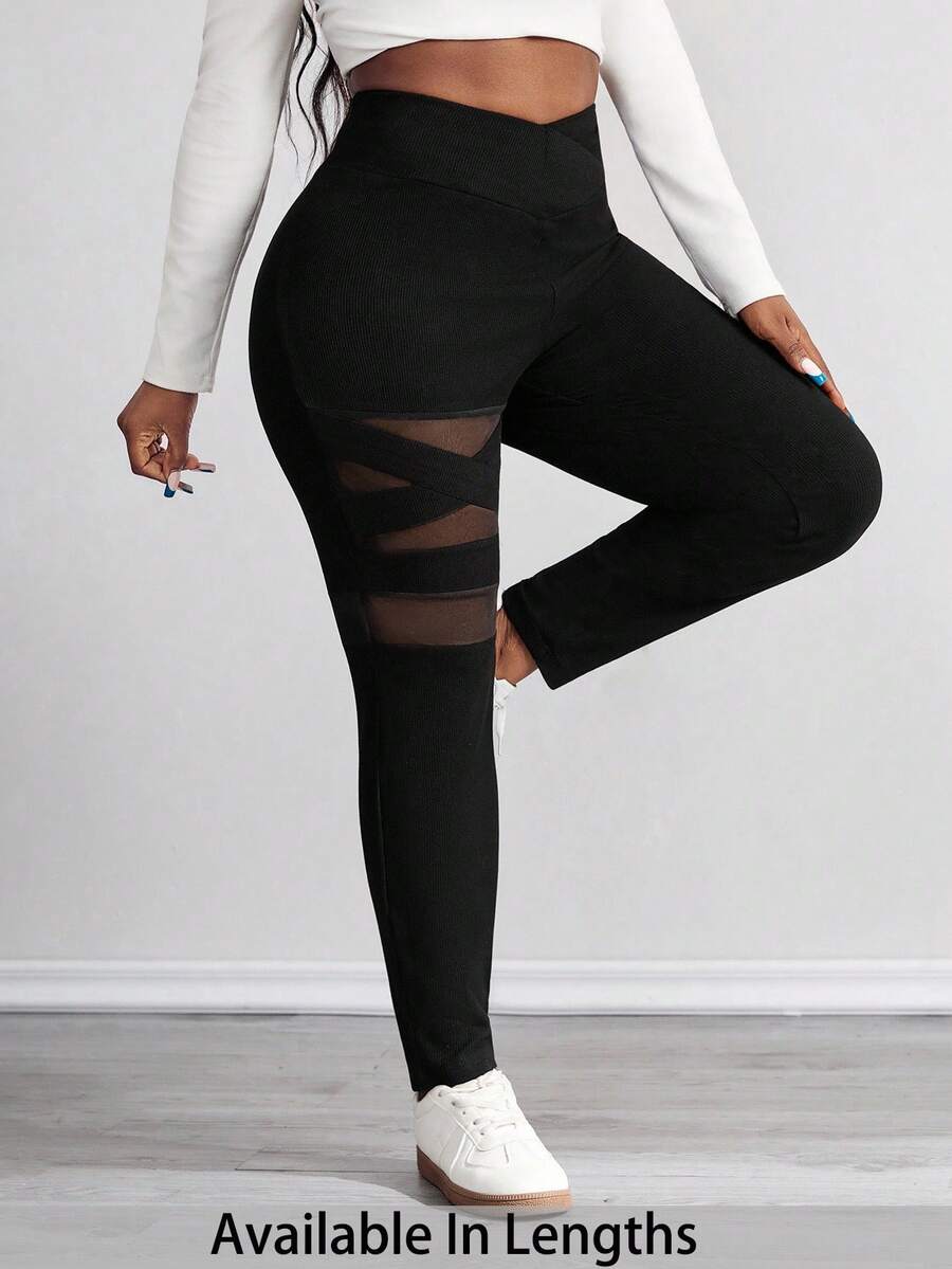 SHEIN PETITE CURVE Quần legging màu trơn cơ bản hàng ngày cỡ lớn dành cho nữ Quần legging màu đen dành cho nữ Quần legging bó cho nữ Quần legging bó - màu đen - Xem 1
