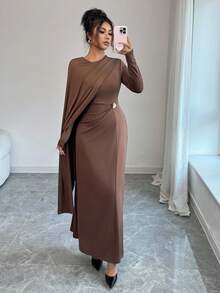 Selianne Robe longue marron ajustée élégante pour femme, automne - Tabac - Voir 1