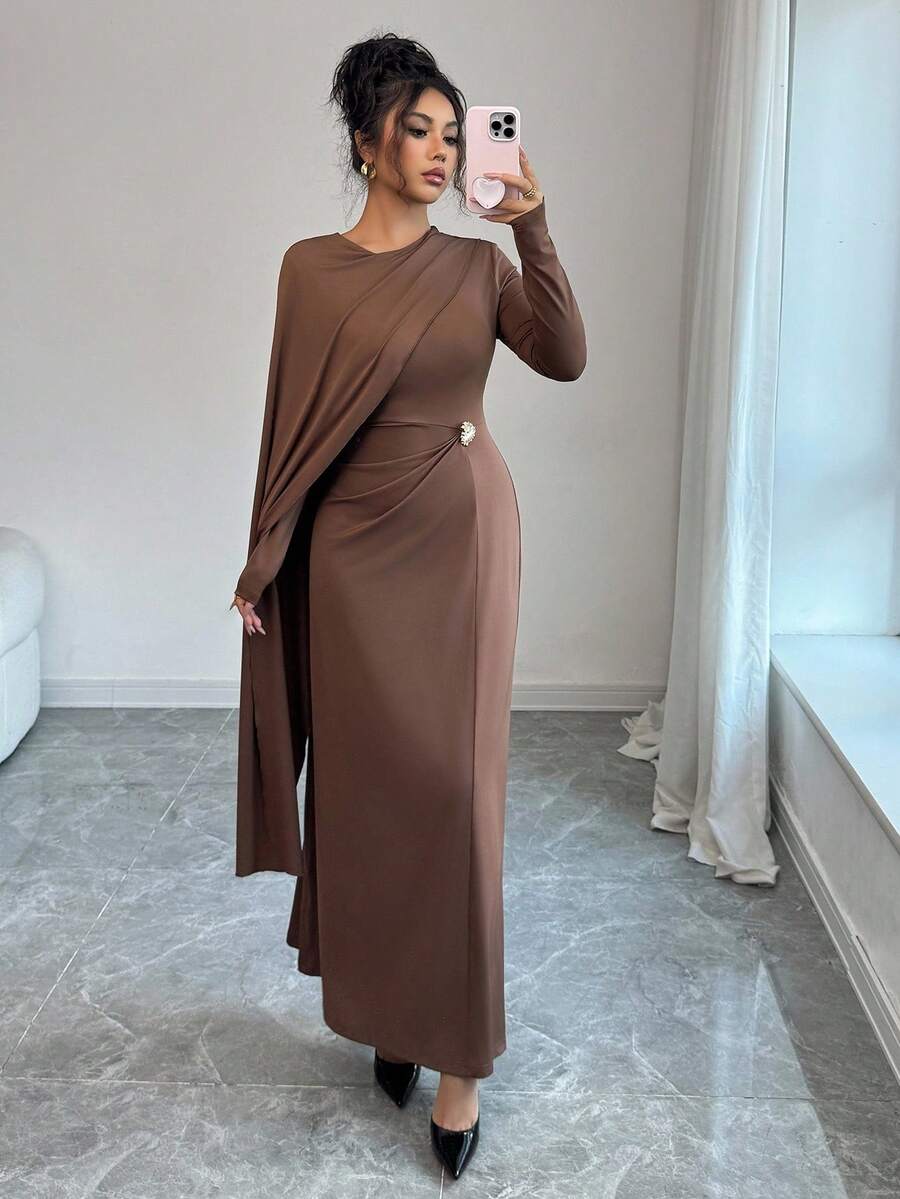 Selianne Robe longue marron ajustée élégante pour femme, automne - Tabac - Voir 1