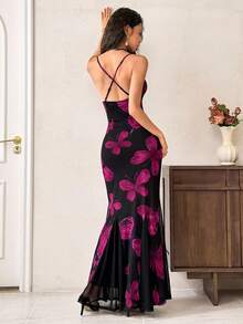 EastFlair 女士优雅派对花卉蝴蝶印花露背连衣裙 - 黑色 - 查看 6