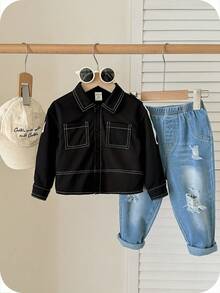 SHEIN 男婴/女婴幼儿秋冬套装，长袖衬衫，黑色有领长袖衬衫，带字母印花和口袋，舒适百搭休闲实用风格基本款上衣，适合室内、户外、日常穿着、运动、玩耍、派对、摄影 - 春季、夏季、秋季、冬季