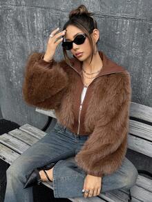 SHEIN ICON 女式仿皮毛拼布针织罗纹棕色高领拉链大衣，秋冬 - 咖啡棕 - 查看 7