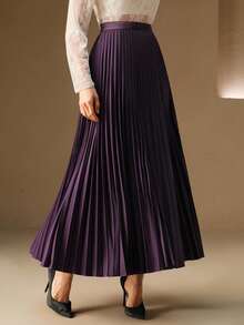 Anewsta 都市风百褶A字裙，简约时尚休闲日常长裙 - 紫色 - 查看 3