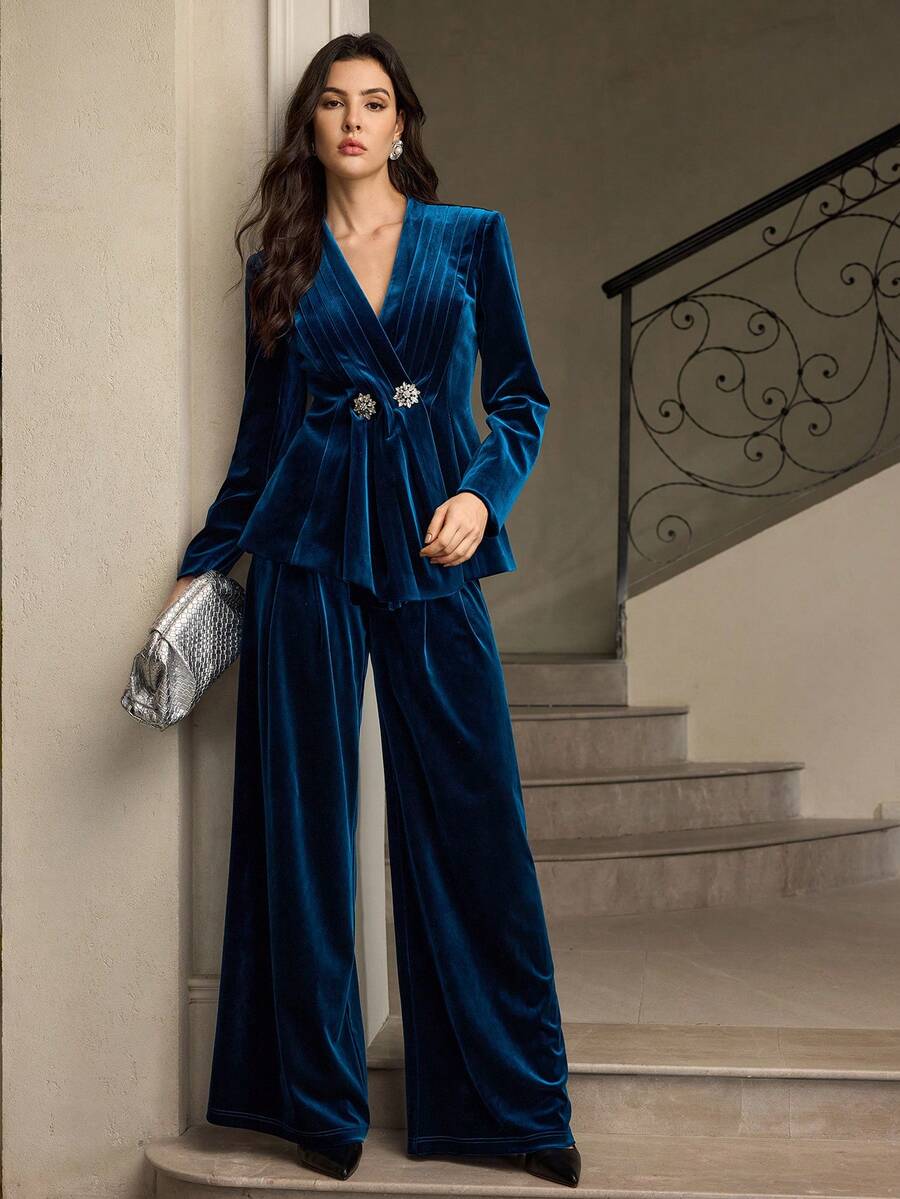 ZEYLAH Pleated Waist Velvet Collarless Blazer, Autumn/Winter - Blue - View 1