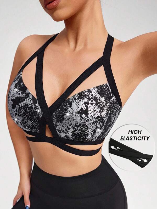 Innovista Stylish Sexy & High-Stretch Glittery Shiny Sports Bra For Gym Lounge And Night Out Premium Soft Material With Removable Pads And Adjustable Straps Comfortable Medium-Support Fit Versatile Workout Clothing -Ready Activewear With Firm Breathable Support Metallic Animal Shimmer Training Tops Daily Athleisure Pilates Training Activewear Fall Functional Cross Back Design Backless Design Exercise TT Viral IG Reel FYP INSTA OOTD Festival Ready Shiny Foil Glossy Black Gala Night Utilitarian Chic, High Elasticity