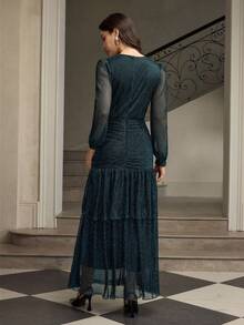 ZEYLAH Elegant Twist Neck Ruched Waist Dress - Black - View 3