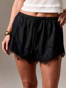 AiiRZ 细条纹抽绳腰短裤，带睫毛蕾丝细节装饰，夏季节日休闲裤 - 黑色 - 查看 4