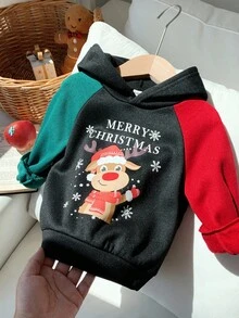 Moletom infantil para menino com estampa de letras e blocos de cores, manga raglan, Feliz Natal, estampa de renas natalinas. Moletom macio e grosso de malha com gola redonda, ideal para outono/inverno. - Multicolorido - Ver 7