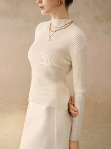 Cévolie 优雅不对称下摆针织长袖，秋冬 - 杏色 - 查看 4