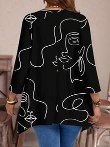 EMERY ROSE Casual Minimalist Line Face Graphic All-Over Print Loose Fit Long Sleeve T-Shirt, Suitable For Plus Size In Autumn/Winter - Multicolor - View 7