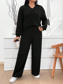 SHEIN CURVE+ Bộ 2 quần thường ngày có túi và áo nỉ cổ tròn in họa tiết da báo cỡ lớn - màu đen - Xem 3