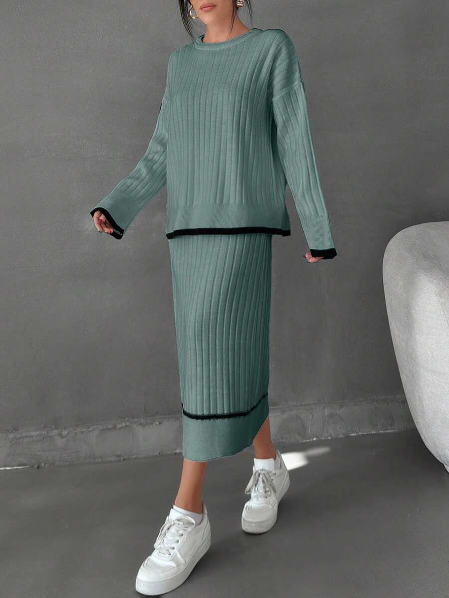 EURMUSE Damen gestreifter detaillierter Pullover und langer Rock Set Co-Ords - Minzgrün - Übersicht 1