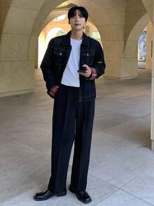 DAZY Autumn Patchwork Sleeve Fabric Street Style Letter Embroidery Design Navy Blue Men's Denim Jacket - Navy Blue - View 5