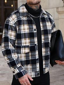 Manfinity CasualCool 男士时尚休闲格纹印花纽扣灯芯绒夹克，街头风格纹外套，秋冬款 - 彩色 - 查看 1