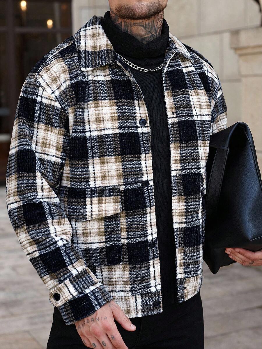 Manfinity CasualCool 男士时尚休闲格纹印花纽扣灯芯绒夹克，街头风格纹外套，秋冬款 - 彩色 - 查看 1