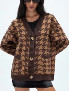 GENKIRA 棕色和咖啡色复古提花千鸟格纹休闲中长款开衫，百搭学院风，适合女性 - 棕色 - 查看 3