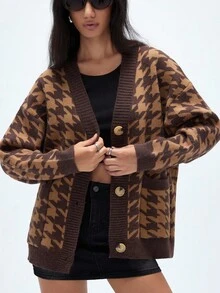 GENKIRA 棕色和咖啡色复古提花千鸟格纹休闲中长款开衫，百搭学院风，适合女性 - 棕色 - 查看 5