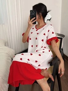 SHEIN Color Block Ruffle Trim Red Heart Print V-Neck Short Sleeve Nightgown, Moo Moo Night Dress - Red - View 5