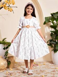 Tween Girl Floral Print Puff Sleeve Ruffle Hem Dress - White - View 1