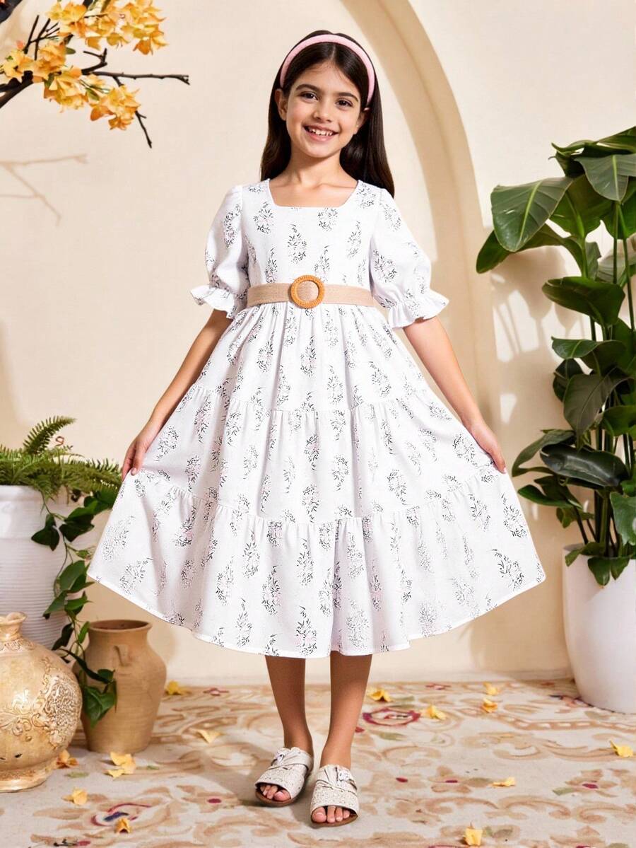 Tween Girl Floral Print Puff Sleeve Ruffle Hem Dress - White - View 1