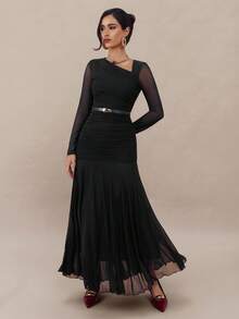 Modelyn 女士时尚优雅不对称领口长裙 - 黑色 - 查看 2