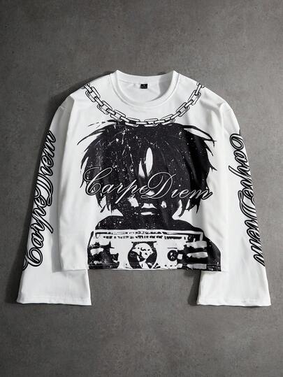 PAVTROS 男士街头风格流行 INS 搭配涂鸦美元肖像印花户外音乐节夜店男友丈夫礼物周年纪念礼物白色喇叭袖长袖 T 恤，图案短款上衣男士，图案长袖，嘻哈图案 T 恤，适合秋季