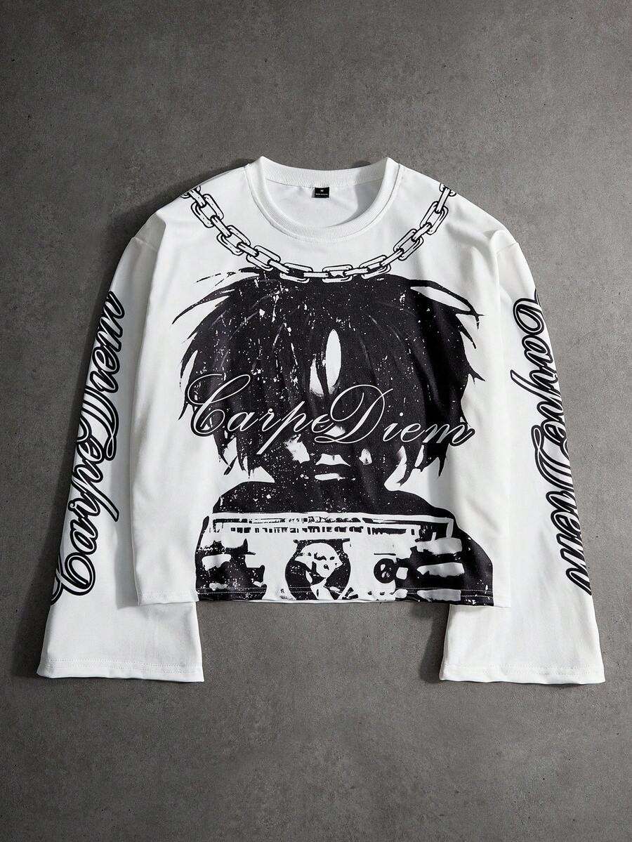 PAVTROS 男士街头风格流行 INS 搭配涂鸦美元肖像印花户外音乐节夜店男友丈夫礼物周年纪念礼物白色喇叭袖长袖 T 恤，图案短款上衣男士，图案长袖，嘻哈图案 T 恤，适合秋季 - 彩色 - 查看 1