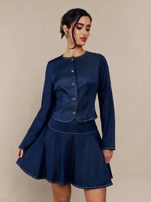 Modelyn 2pcs/Set Urban Elegant Metal Buckle Women Long Sleeve Top And Mini Skirt,Autumn Clothes For Women,Thanksgiving - Blue - View 3