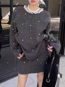 SHEIN LUNE Conjunto elegante de dos piezas gris para otoño para mujer, suéter de manga larga con patchwork de encaje con cuentas y falda, top suelto con borde de lechuga para atuendo de fiesta de cumpleaños - Gris Oscuro - Ver 1
