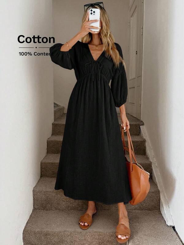 Easowa V-Neck Tie Bow Lantern Sleeve Pleated Waist A-Line Flare Hem Double Layer Crepe Sourced Cotton Casual Loose Commuter Vintage Style Women Long Dress Lantern Sleeve Dress Cotton Dress Long Sleeve Dress Casual Dress