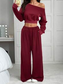 SHEIN EZwear 2pcs Women Burgundy Asymmetric Collar Drop Shoulder Cropped Top And Wide Leg Casual Pants Set, Autumn,Fall - Burgundy - View 5
