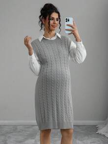 SHEIN Maternity Round Neck Cable Pattern Casual Sleeveless Knit Dress, Autumn - Grey - View 3