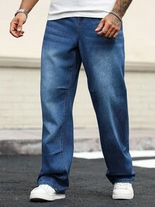 Manfinity Homme Plus Size Men's Loose Fit Pockets Wide Leg Casual Versatile Jeans - Blue - View 6