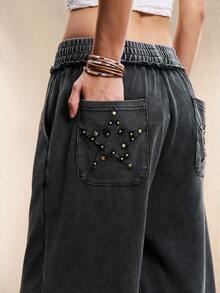 Easelle 黑色松紧腰休闲宽松百搭直筒雪花针织阔腿裤 - 黑色 - 查看 1