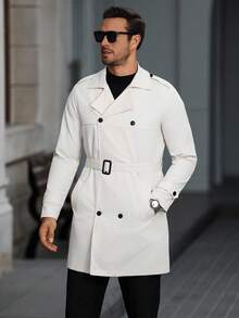 Manfinity Homme 男士纽扣前长袖口袋简约休闲风衣，外出法兰绒风衣，适合送给朋友、丈夫、男朋友的礼物 - 杏色 - 查看 4