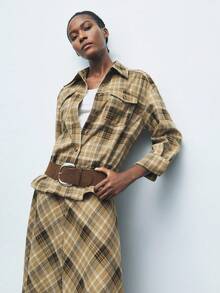 Maija Camisa casual de mujer de manga larga a cuadros, de un solo pecho, con bolsillo y holgada