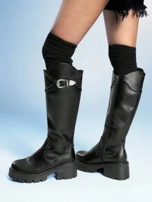 Sugerpunk 女式黑色侧拉链粗跟系带扣马靴，暗黑摇滚朋克哥特风格过膝靴 - 黑色 - 查看 5