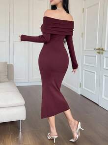 DAZY فستان كنزة صوفية أنيق بلون أحادي منسدل عن الكتف، خريفي - عنابي اللون - مشاهدة 2