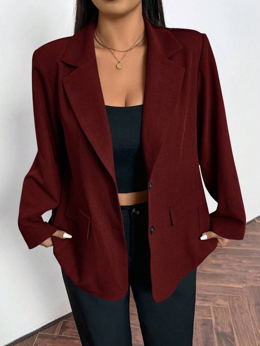 Firerie 大码年轻女性简约通勤灰色格纹宽松长袖西装外套 红色西装外套 女士西装外套 女士短款西装外套 酒红色女士套装 女士西装外套 酒红色女士西装外套 - 酒紅色 - 查看 1