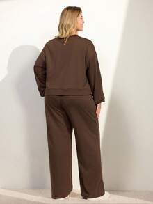 Momelise Setelan Sweatshirt dan Celana Kasual Warna Polos untuk Wanita Ukuran Besar, Musim Gugur/Musim Dingin - Coklat - View 3
