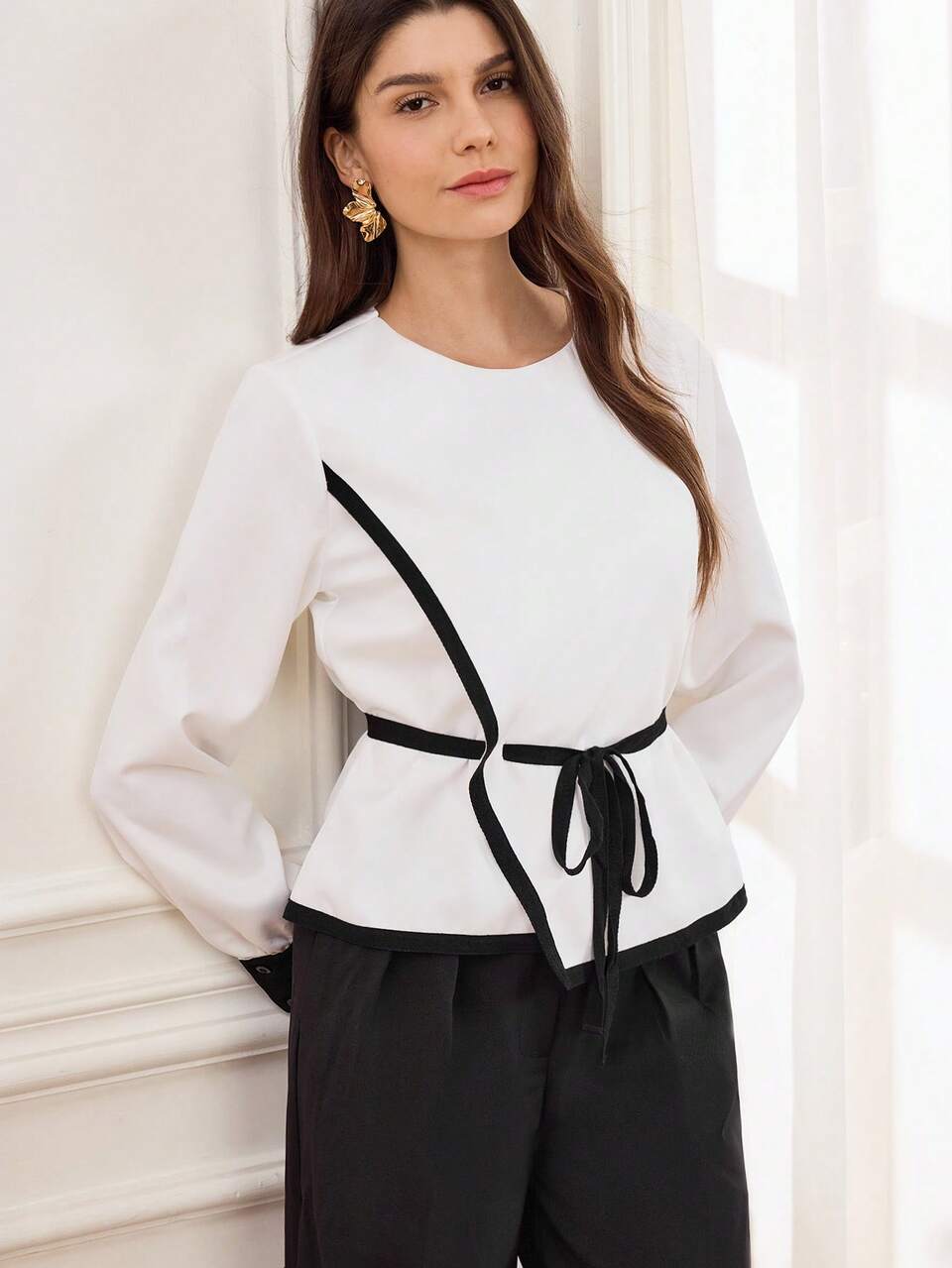 Women's Black And White Autumn Elegant Semi Formal Shirt, Black Contrast Stitching Cinched Waist Fashionable Peplum Top, Full Sleeve Chic Tops