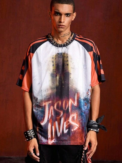 ROMWE MEN Friday the 13th X ROMWE Men's Casual Summer Letter Graphic Short Sleeve T-Shirt