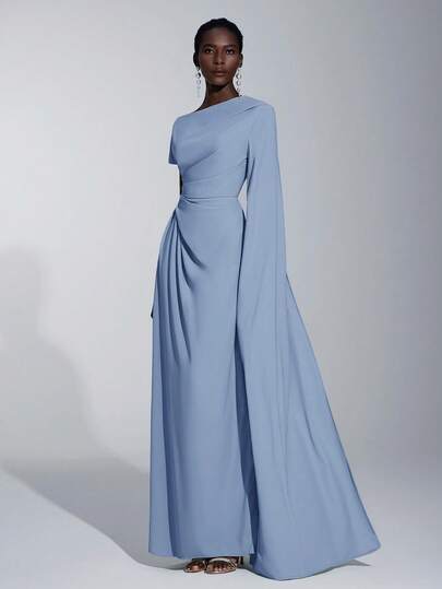 Elitara 优雅不对称袖荷叶边下摆长袖连衣裙，适合婚礼、正式活动、约会、伴娘