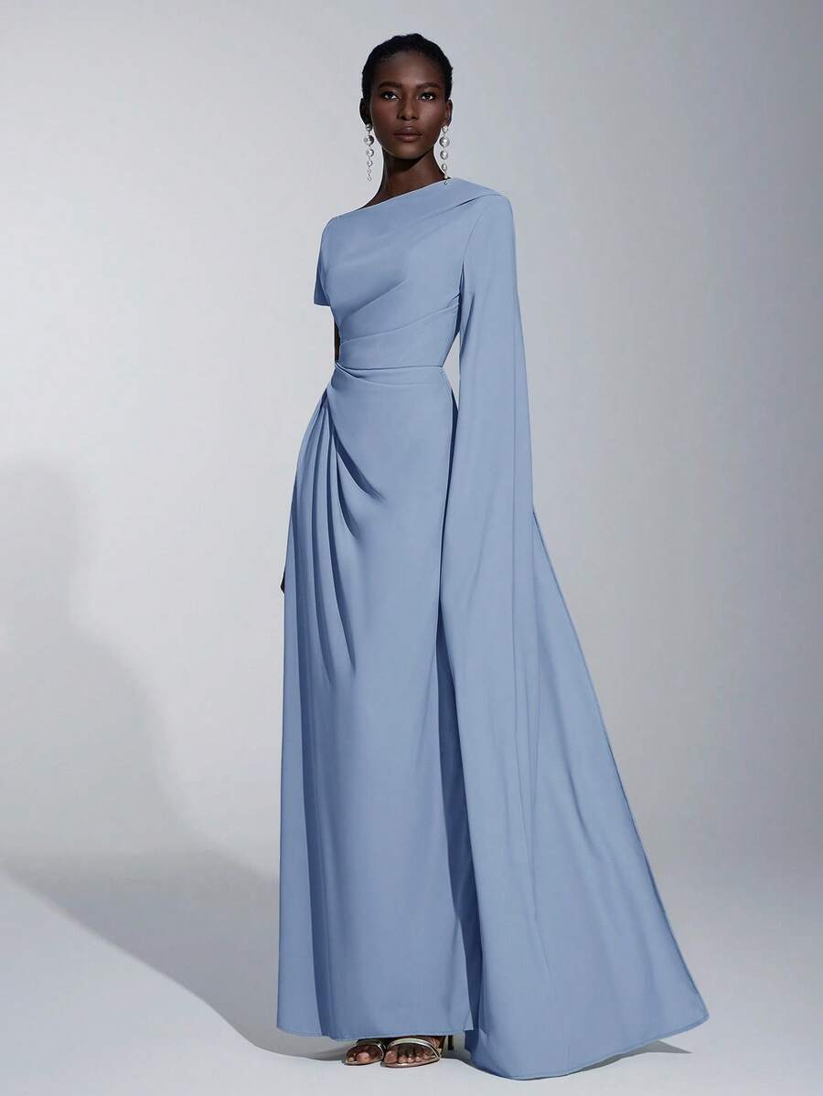 Elitara 优雅不对称袖荷叶边下摆长袖连衣裙，适合婚礼、正式活动、约会、伴娘